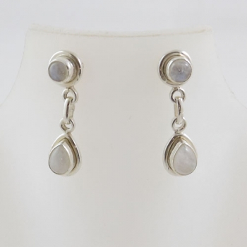 Authentic silver two stone white rainbow moonstone drop earrings